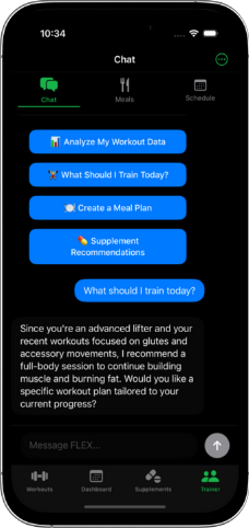 FLEX AI Personal Trainer Interface - RepSetGo Smart Workout Coaching and Form Analysis